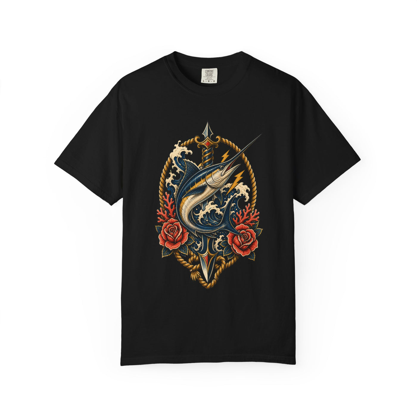 Tattoo Flash Swordfish Dagger Crest Graphic Tee