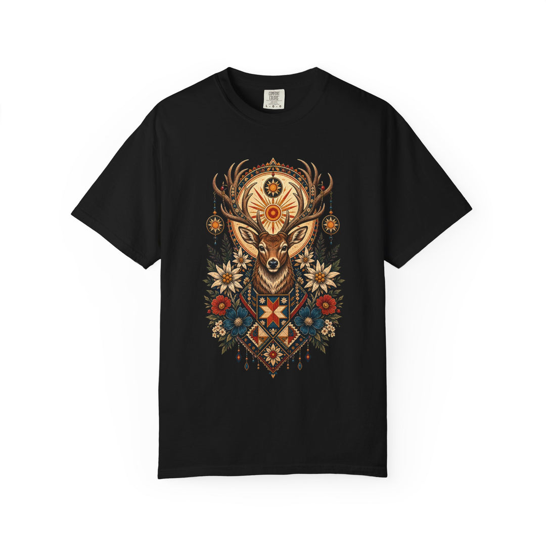 Folk Sun Stag Emblem T-Shirt Graphic