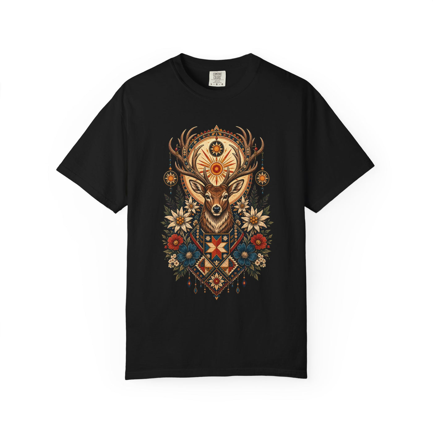 Folk Sun Stag Emblem T-Shirt Graphic
