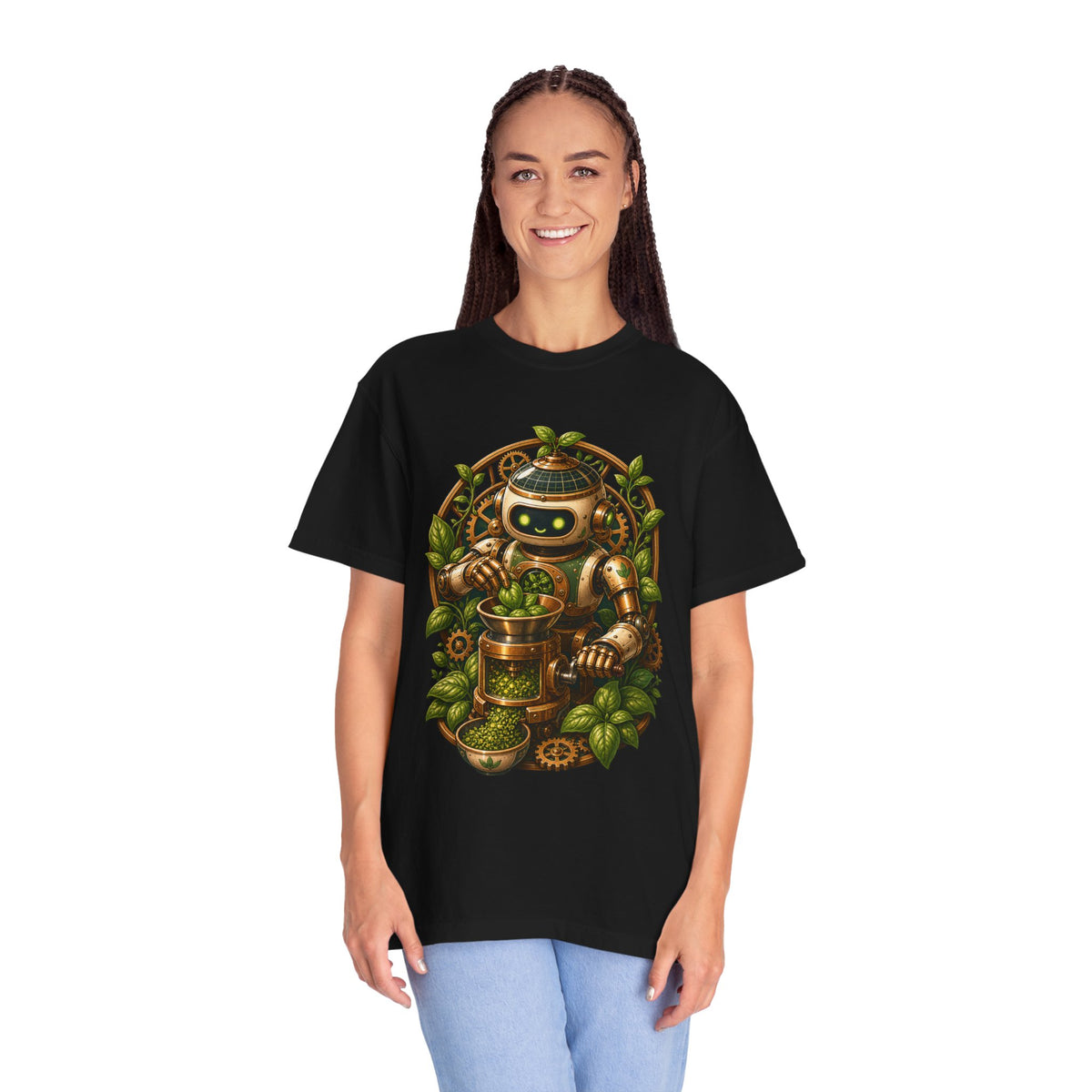 Solarpunk Basil Grinder Robot T-Shirt Graphic