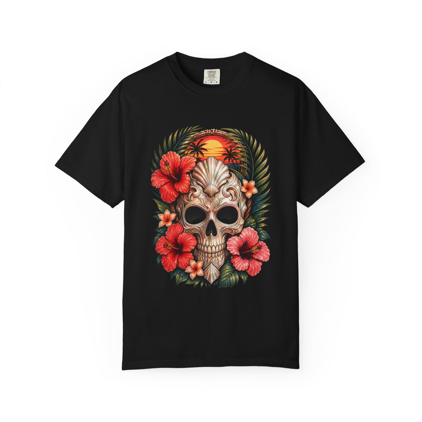 Tropical Hibiscus Skull Graphic T-Shirt
