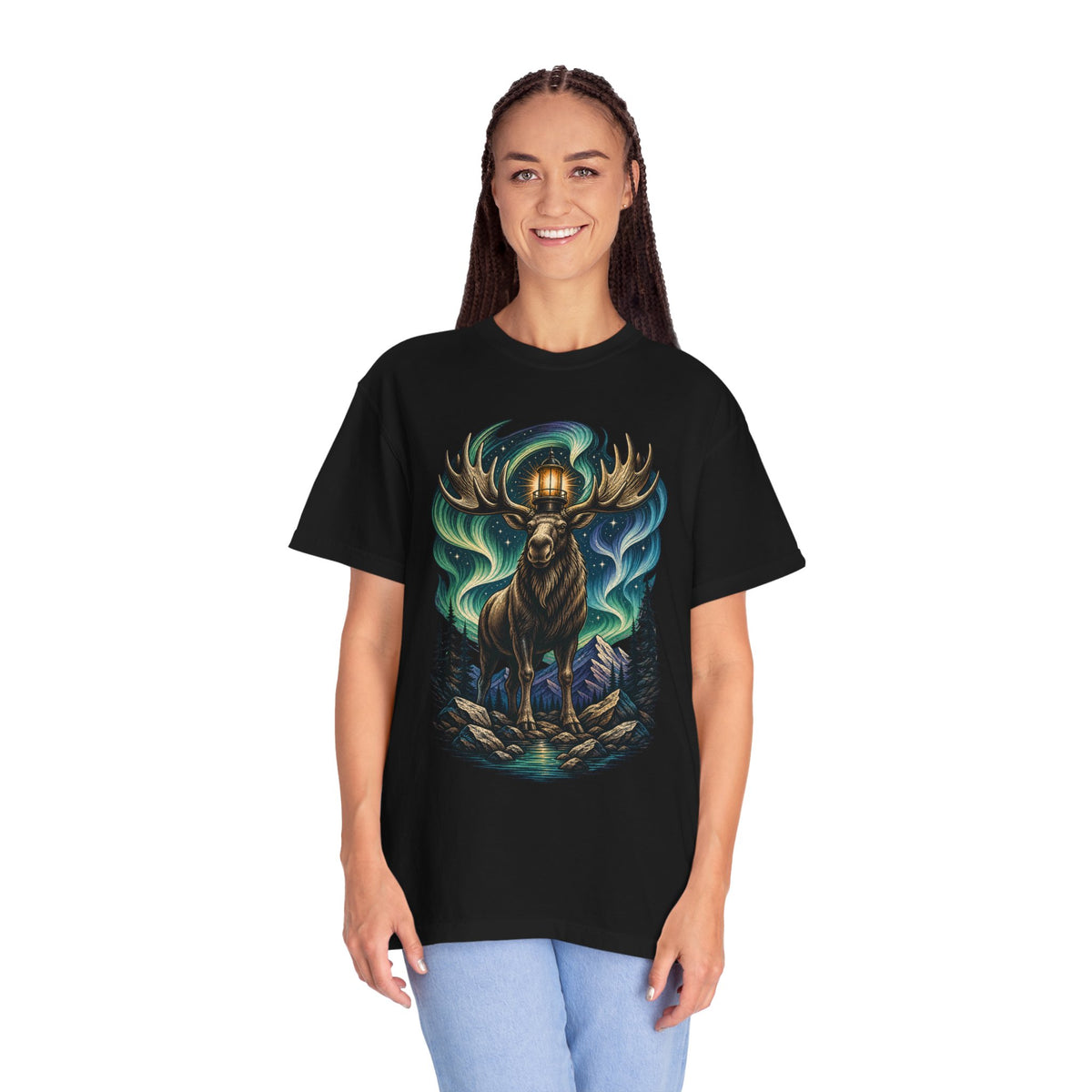Woodcut Aurora Moose Lighthouse Graphic Tee