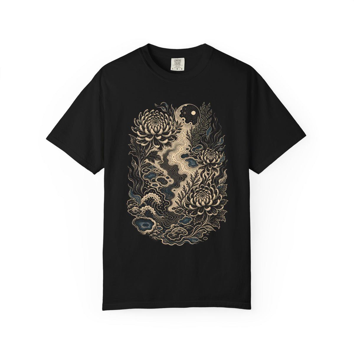 Blackwork Tide Map Florals T-Shirt Graphic