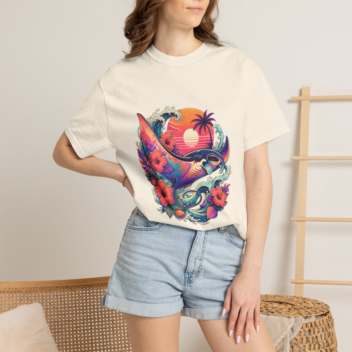 Vaporwave Hibiscus Manta Ray Graphic T-Shirt