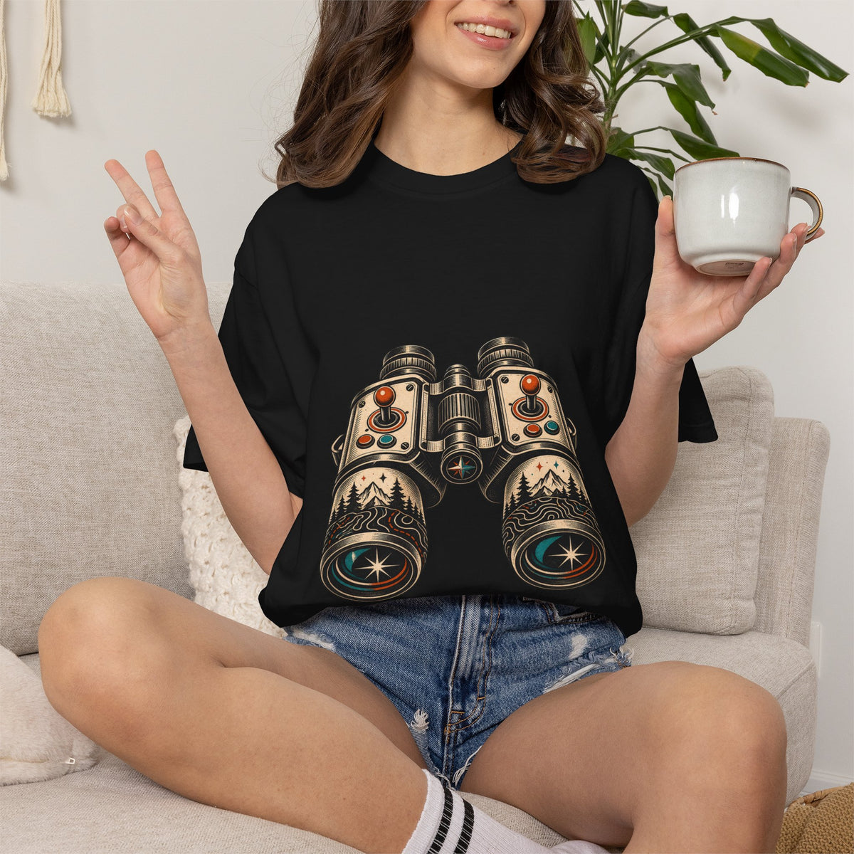 Blackwork Arcade Binoculars T-Shirt Graphic