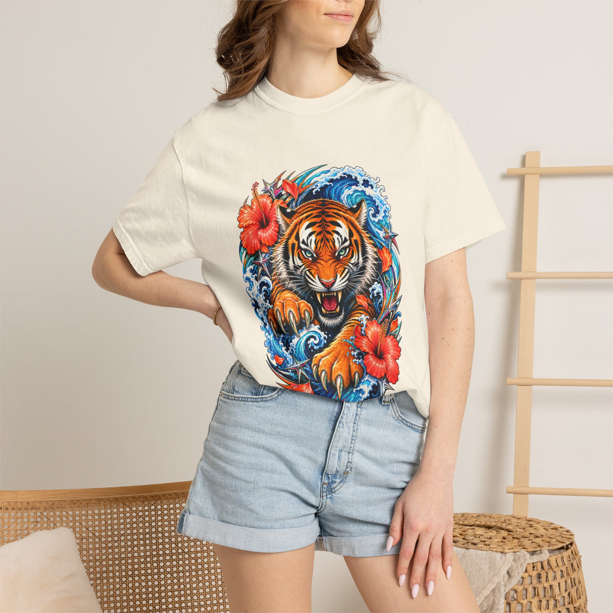 Electric Hibiscus Surf Tiger T-Shirt Graphic