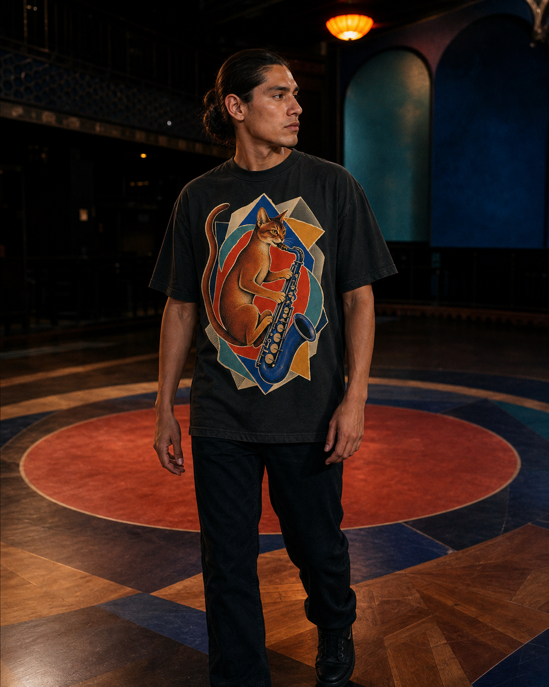 Abyssinian Tenor Spin worn on a Black tee in the Drop 8 - Jazzy Cats campaign