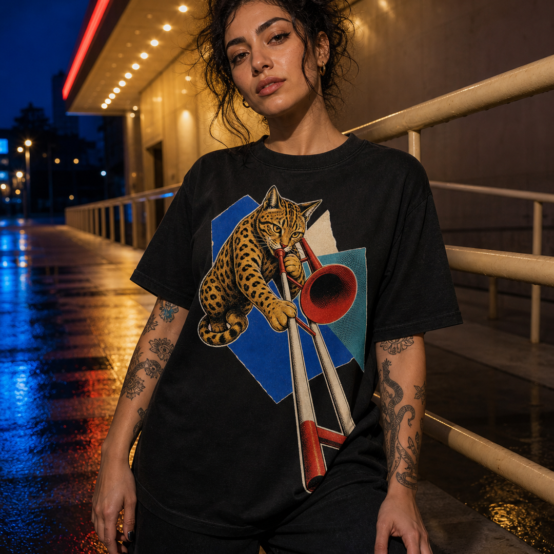 Bengal Cat Trombone Hard-Bop Collage Graphic Tee