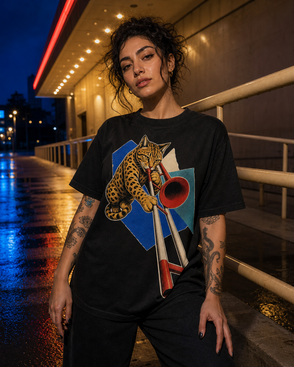 Bengal Cat Trombone Hard-Bop Collage Graphic Tee