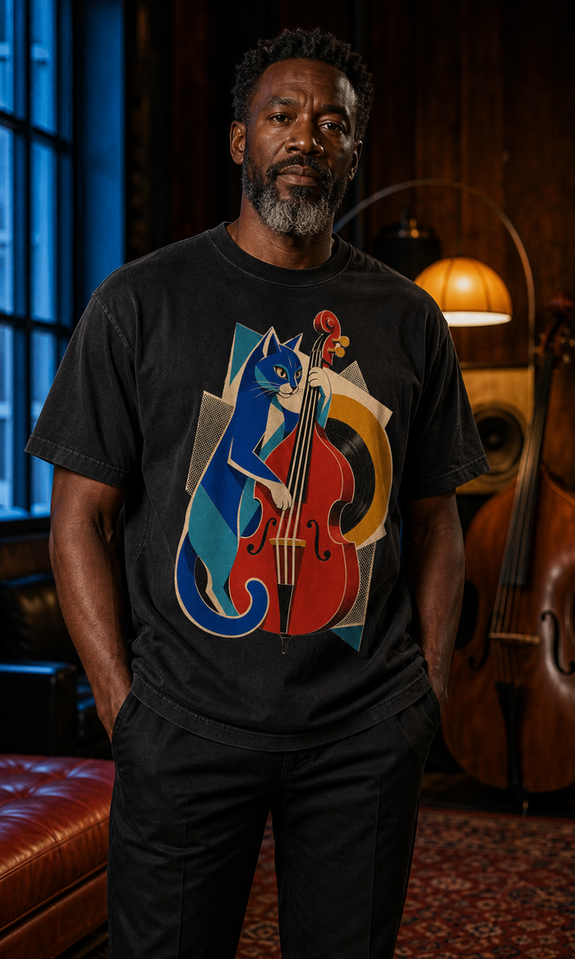 Black Bombay Upright Bass Hard-Bop Collage Graphic Tee