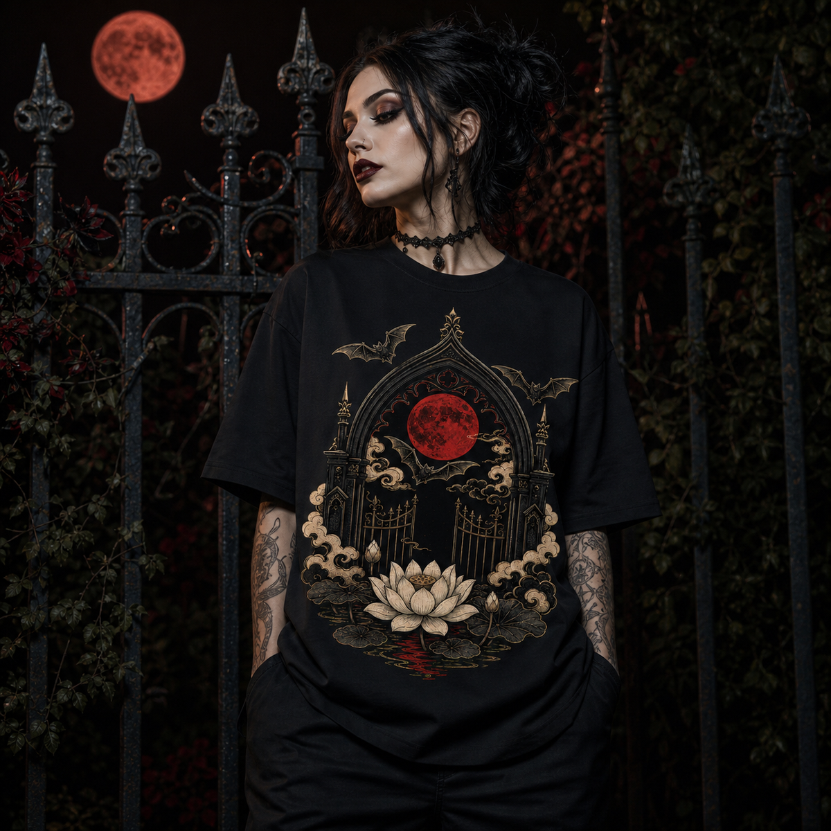 Blood Moon Lotus Gate Heavy Oversized Gothic Tee