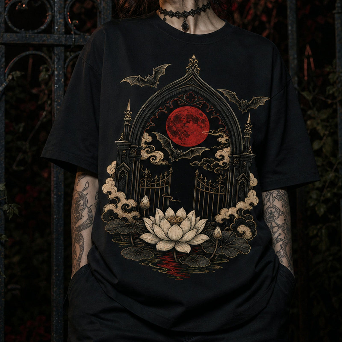 Blood Moon Lotus Gate Heavy Oversized Gothic Tee