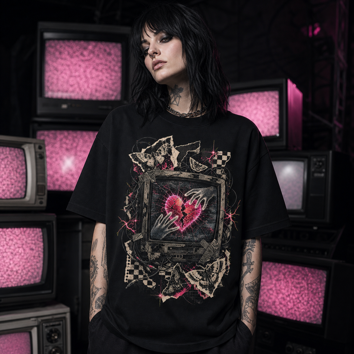 Broken Screen Valentine Heavy Oversized Emo Tee
