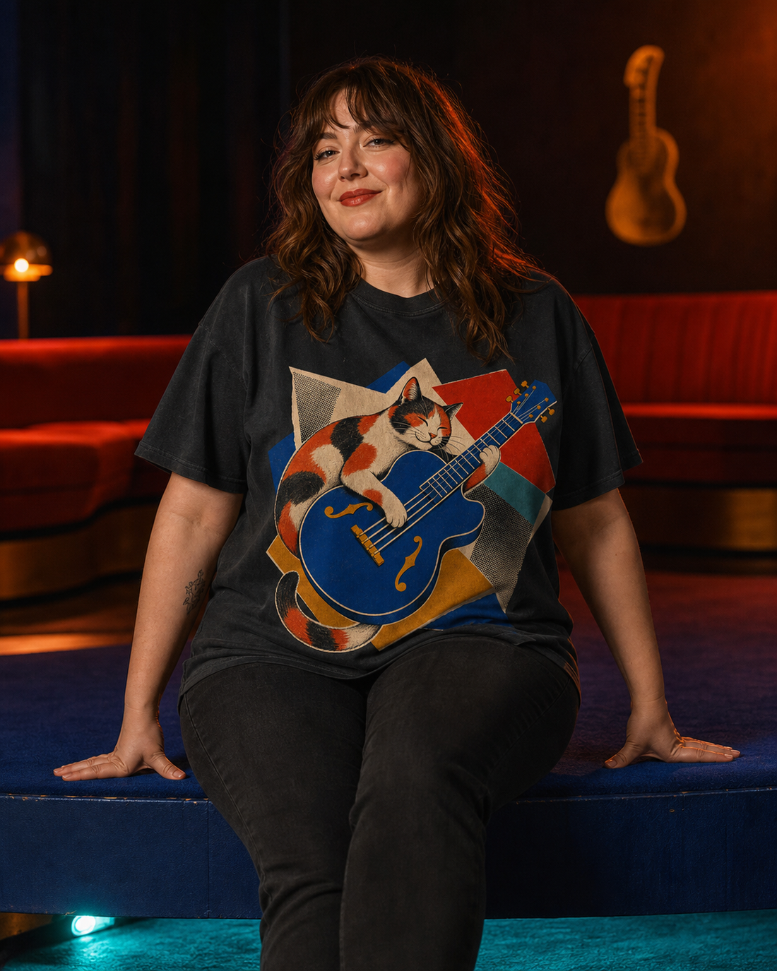 Calico Hollow-Body worn on a Black tee in the Drop 8 - Jazzy Cats campaign