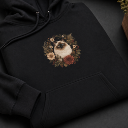Custom cat Botanical Bloom hoodie detail with realistic print scale