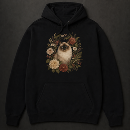 Custom cat Botanical Bloom hoodie with realistic print placement above the pocket