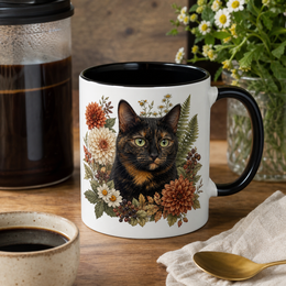 Custom cat portrait botanical mug product lifestyle image