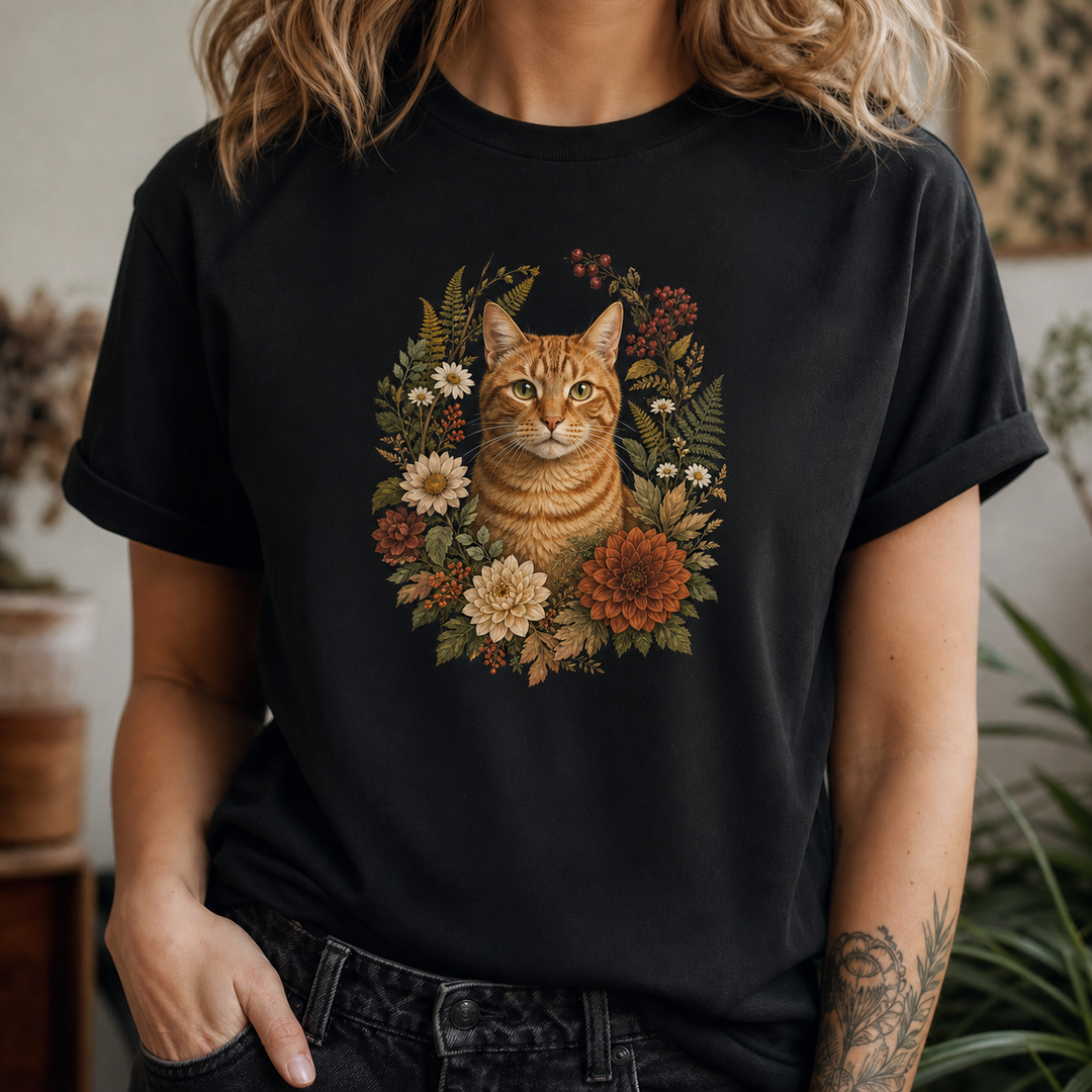 Custom Cat Botanical Bloom Portrait T-Shirt