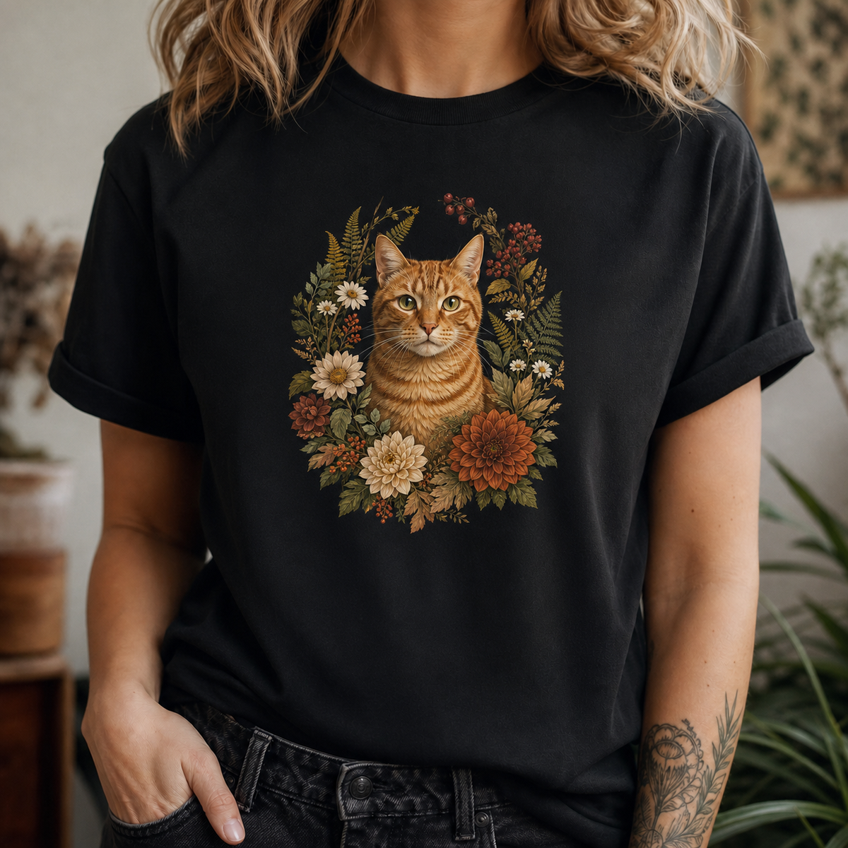 Custom Cat Botanical Bloom Portrait T-Shirt