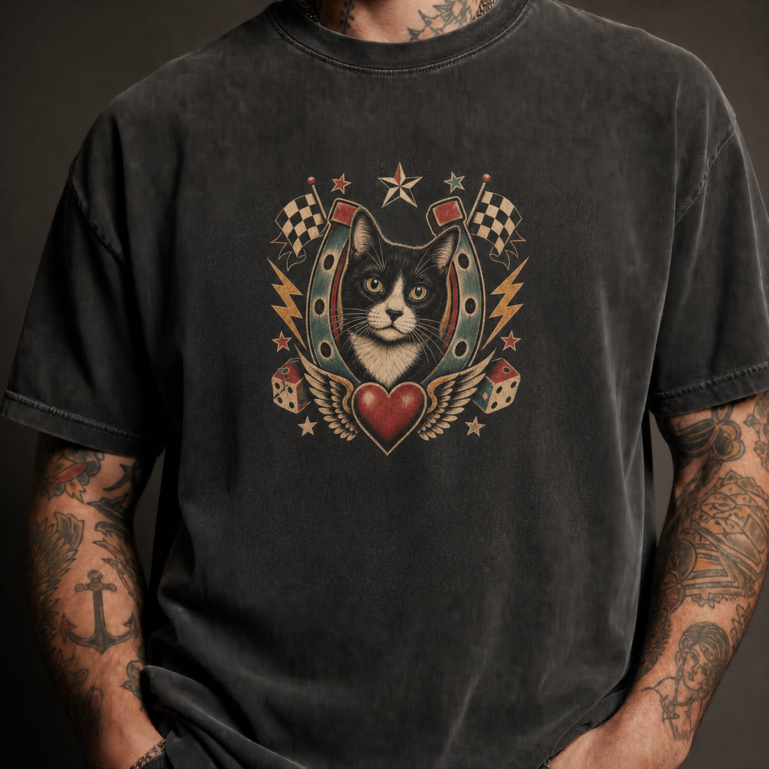 Custom Cat Vintage Tattoo Flash T-Shirt