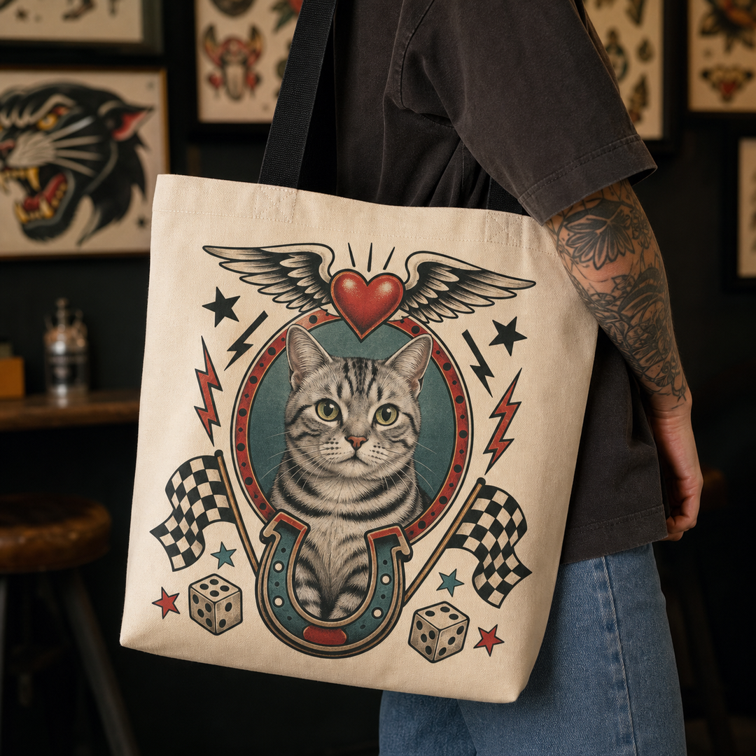 Custom Cat Vintage Tattoo Flash Tote Bag