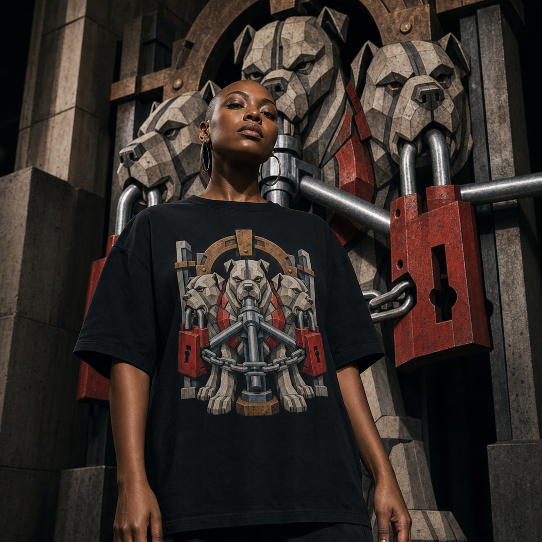 Cerberus Depot Guard Brutalist Mythic Industrial Graphic Tee
