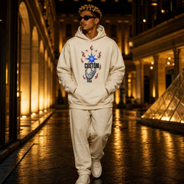 Person wearing the custom art hoodie at night