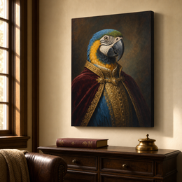Custom bird regal oil portrait canvas displayed in a refined interior