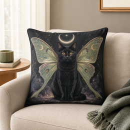 Custom winged cat 18 inch square pillow on a sofa