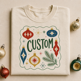 Custom Christmas Comfort Colors 1717 t-shirt with midcentury ornament artwork