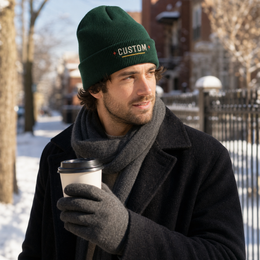 Person wearing a custom cuffed beanie