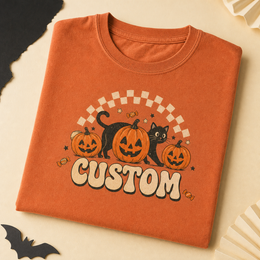 Custom Halloween Comfort Colors 1717 t-shirt with retro pumpkins and cat