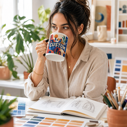 Person using the custom illustrated mug