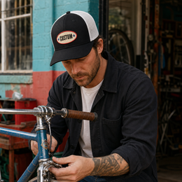 Person wearing a custom trucker cap