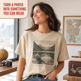 Woman wearing a sand custom photo heavy cotton T-shirt