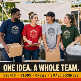 Team wearing coordinated custom heavy cotton T-shirts in four colors