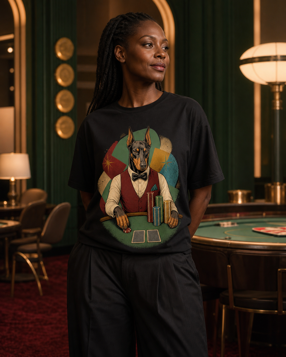 Doberman High Roller worn on a Black tee in the Drop 9 - Full House Hounds campaign