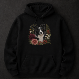 Custom dog Botanical Bloom hoodie with realistic print placement above the pocket