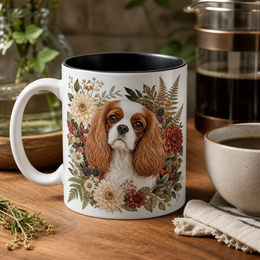 Custom dog portrait botanical mug product lifestyle image
