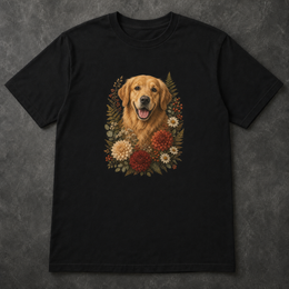 Custom dog Botanical Bloom portrait T-shirt with realistic standard full-front print scale