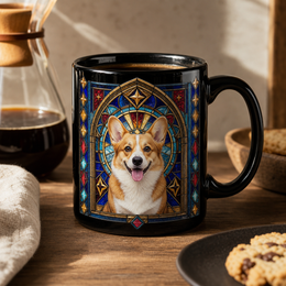 Custom dog portrait stained glass mug product lifestyle image