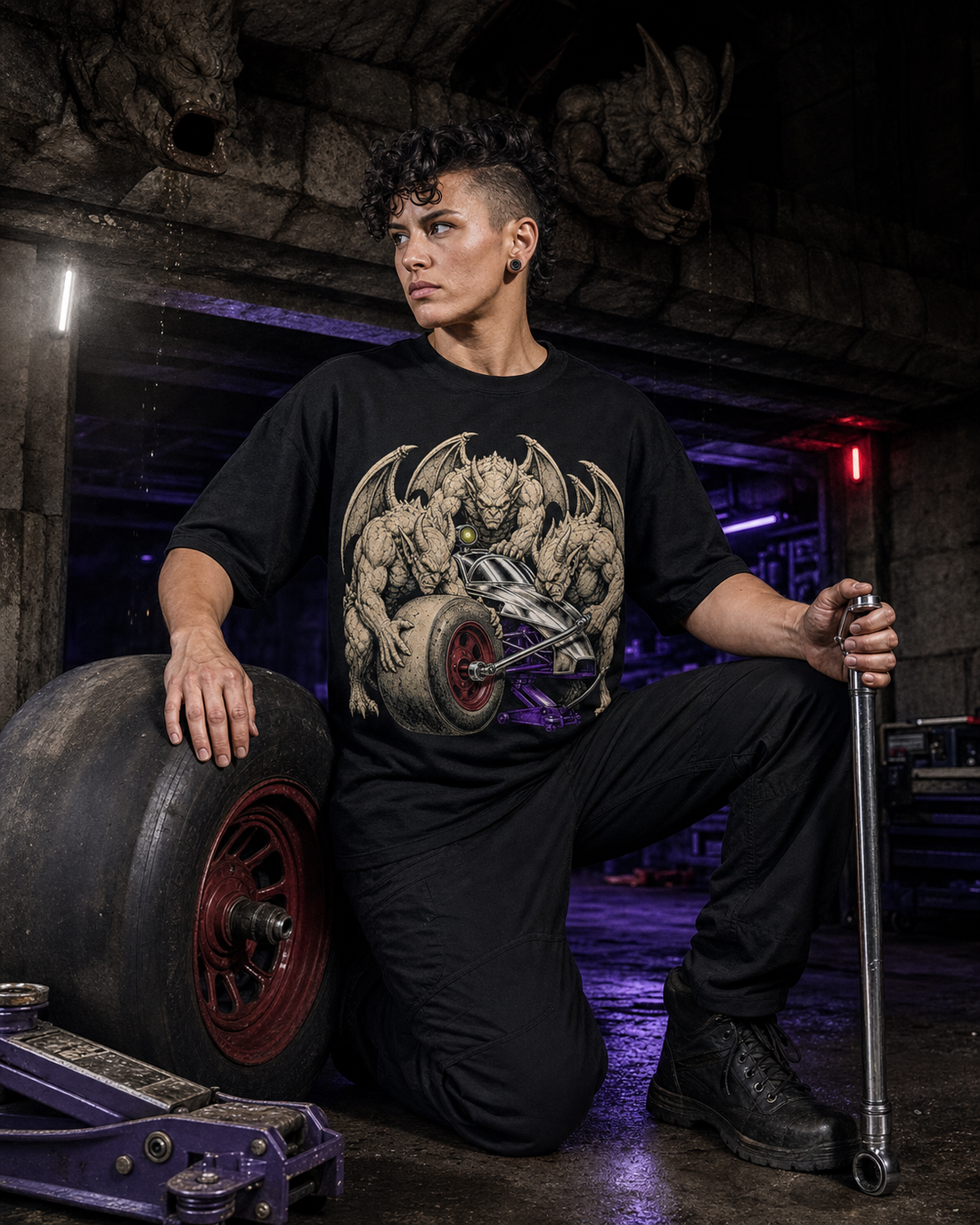 Gargoyle Pit Stop Gothic Racing Graphic Tee worn on a Black tee in the Drop 2 - Cathedral Circuit campaign