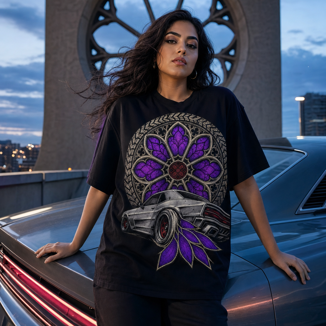 Rose Window Burnout Gothic Muscle Car Graphic Tee