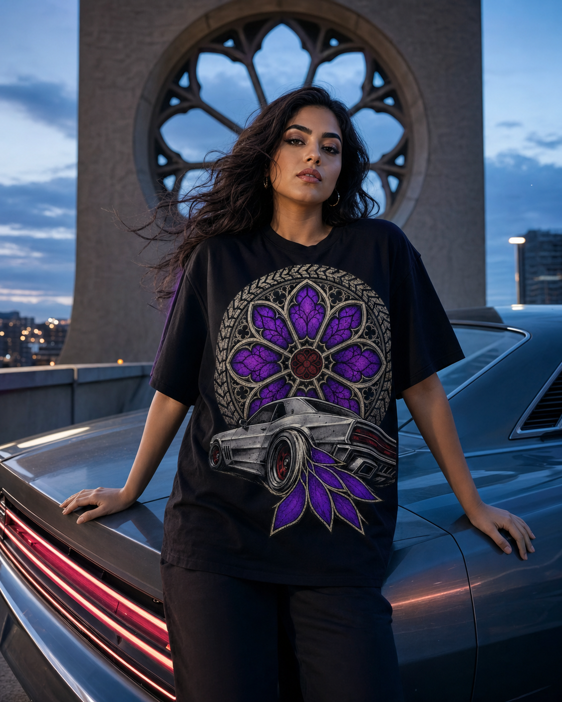 Rose Window Burnout Gothic Muscle Car Graphic Tee