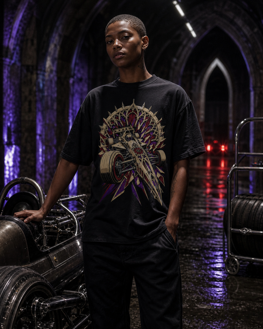 Cathedral Launch Gothic Racing Graphic Tee worn on a Black tee in the Drop 2 - Cathedral Circuit campaign