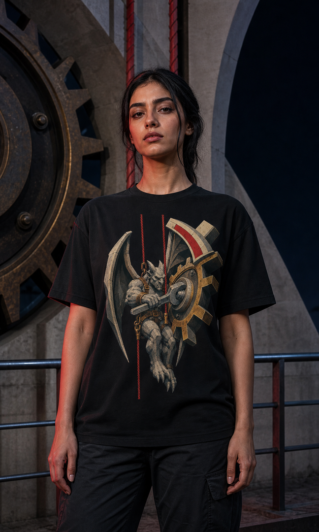 Gargoyle Tower Mechanic Brutalist Mythic Industrial Graphic Tee
