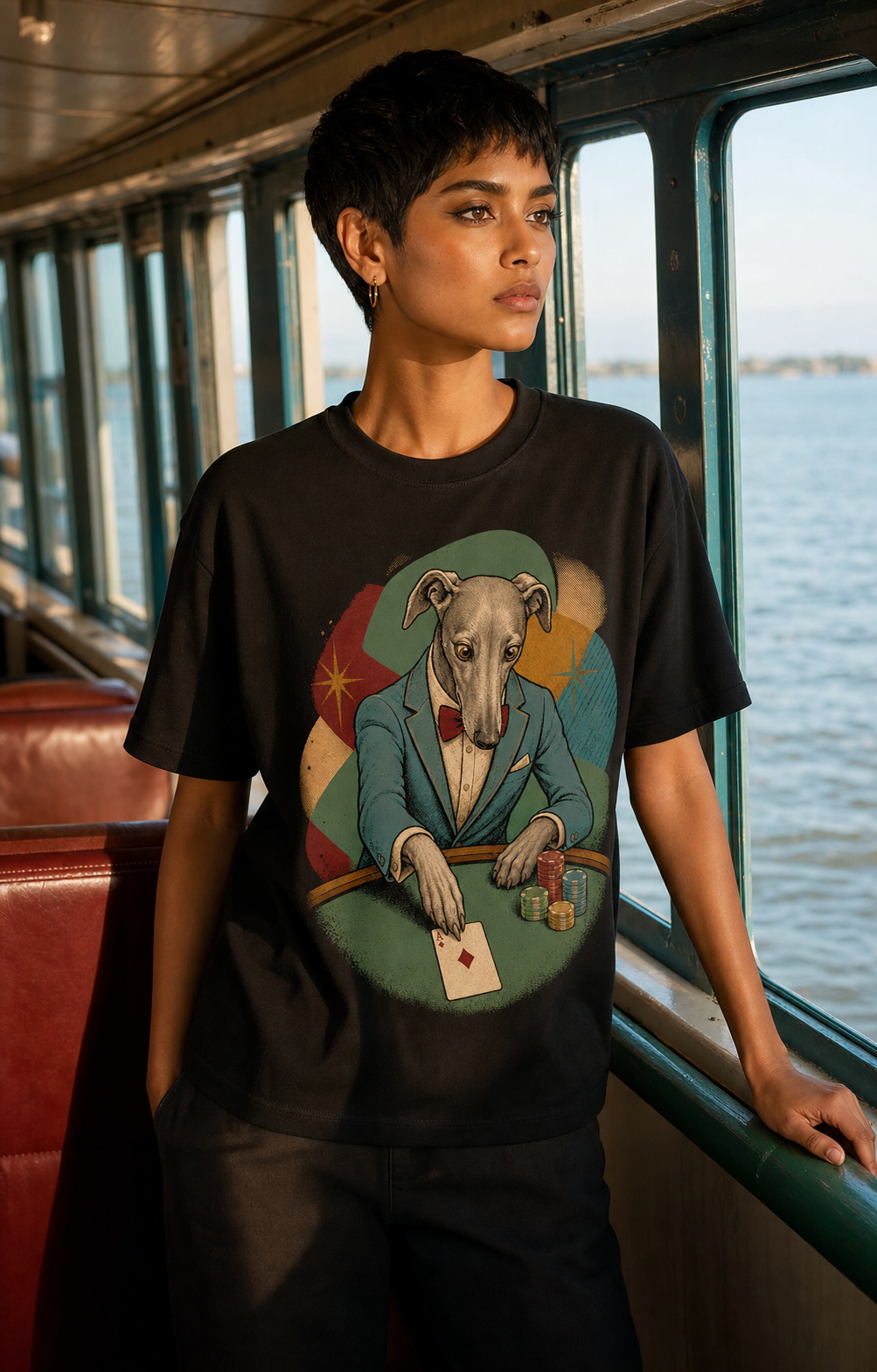 Greyhound River Card worn on a Black tee in the Drop 9 - Full House Hounds campaign