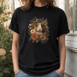 Custom guinea pig Botanical Bloom T-shirt lifestyle mockup with realistic print scale