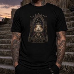 Custom guinea pig Gothic Cathedral T-shirt lifestyle mockup with realistic print scale