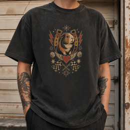 Custom guinea pig Vintage Tattoo Flash T-shirt lifestyle mockup with realistic print scale